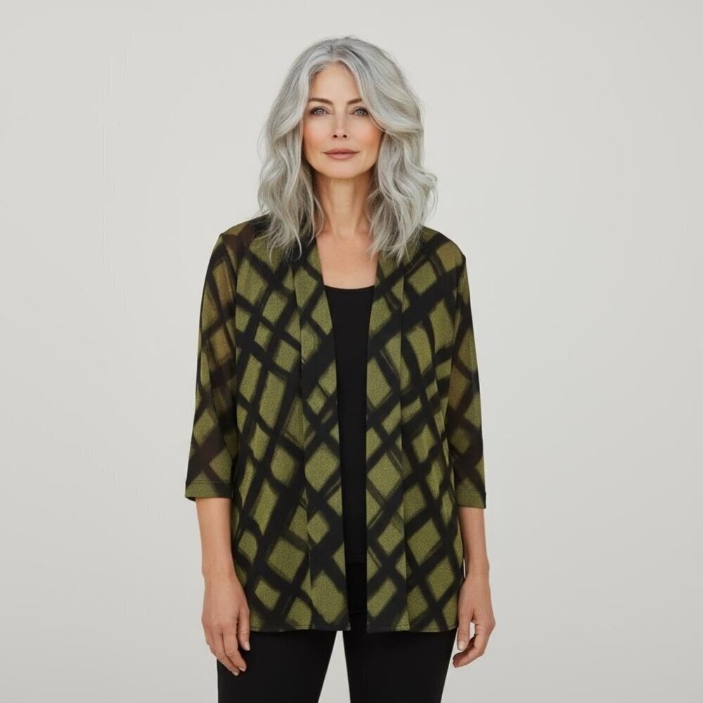 Caroline Rose Olive & Black Geometric Open Front Cardigan Size Large